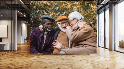 Cheerful interracial senior friends talking in autumn park Wall mural