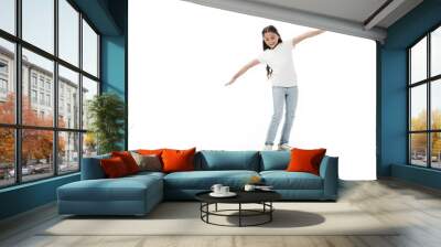 cheerful kid with outstretched arms skating skateboard isolated on white Wall mural