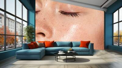 close up of young woman with eyes closed, coral lips and wet skin Wall mural