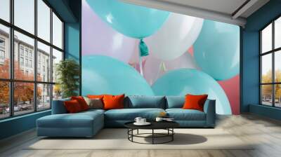 close up view of decorative festive balloons on pink background Wall mural