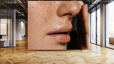 close up view of tender woman with freckles on face isolated on grey Wall mural