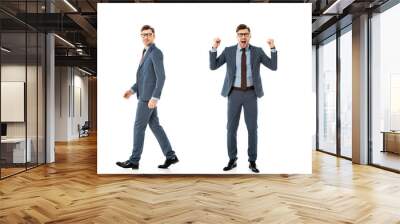 collage of adult businessman in suit walking and standing with different emotions isolated on white Wall mural