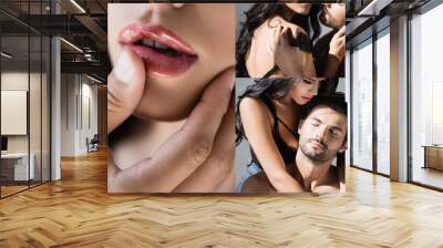 Collage of shirtless man undressing and touching lips of sexy woman on grey background Wall mural