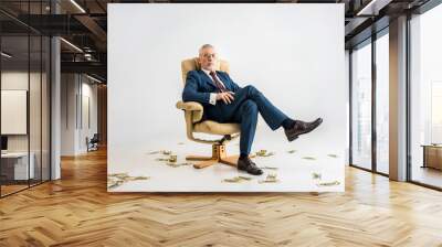 confident mature businessman sitting in armchair near dollar banknotes on grey Wall mural