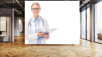 confident young female doctor with clipboard looking at camera isolated on white Wall mural