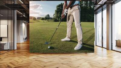 Cropped shot of golfer holding club and hitting ball on green grass Wall mural