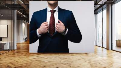 cropped view of confident businessman touching suit isolated on grey, human emotion and expression concept Wall mural