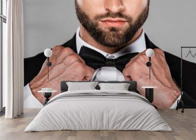 cropped view of elegant man in black suit fixing bow tie isolated on grey, panoramic shot Wall mural