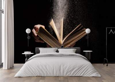 cropped view of woman holding holy bible with dust on black background Wall mural