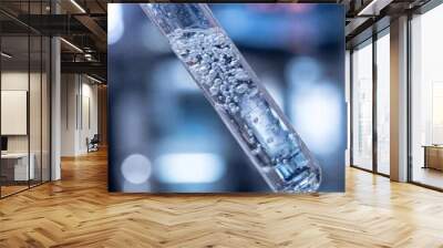 Extreme Close Up (ECU) of bubbling liquid inside a test tube, with shallow focus on the bubbles, blurring the rest of the laboratory setting. Wall mural