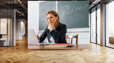 female teacher sitting at desk and using computer during lesson in classroom Wall mural