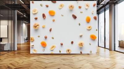 flat lay with delicious dried fruits and nuts with copy space isolated on white background Wall mural