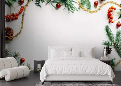 Flat lay with festive arrangement of pine tree branches, common sea buckthorn and Christmas decorations on white tabletop Wall mural