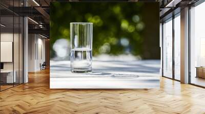 fresh clean water in transparent glass at sunny day outside on wooden table Wall mural