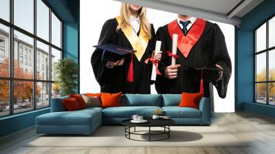 Front view of students holding graduation caps and diplomas isolated on white Wall mural