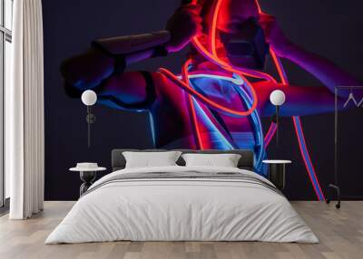 futuristic african american woman in respirator and neon lighting Wall mural