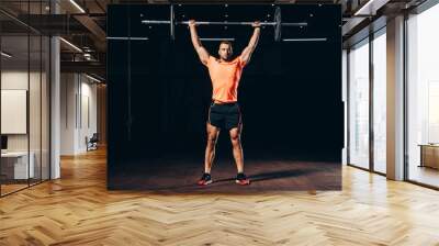 handsome muscular man working out with barbell in dark gym Wall mural