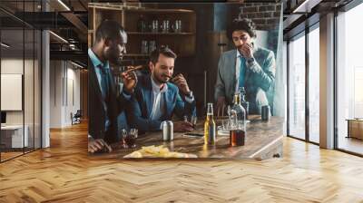 handsome young multiethnic men in suits holding cigars while partying together Wall mural