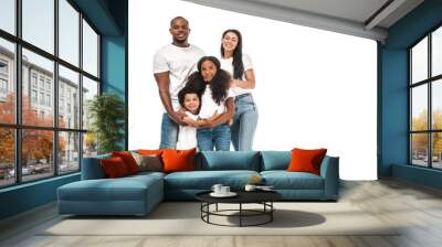 happy african american parents with daughter and son smiling at camera while standing isolated on white Wall mural