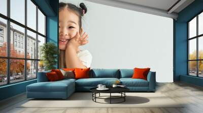 happy asian toddler girl smiling isolated on grey, banner Wall mural