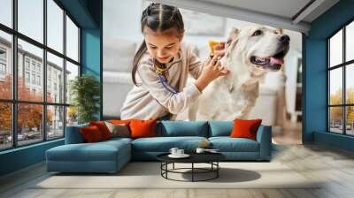 happy kid in casual attire playing doctor with labrador in modern living room, toy stethoscope Wall mural