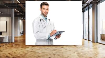 happy male doctor with stethoscope over neck writing in clipboard isolated on white Wall mural