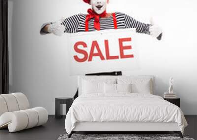 happy mime holding sale signboard and showing thumbs up isolated on white Wall mural