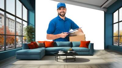 happy young delivery man holding clipboard and cardboard box isolated on white Wall mural