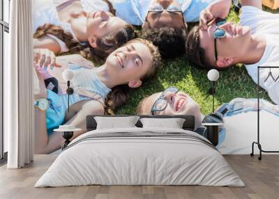 high angle view of happy multiethnic teenage friends lying together on green meadow Wall mural