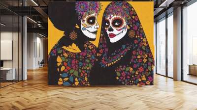 Latino couple, both adorned with vibrant sugar skull face paint, shallow focus highlighting their expressions, vector image Wall mural