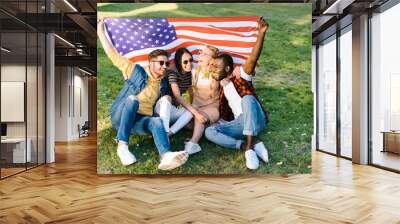 multiracial cheerful friends with american flag sitting on green grass in park Wall mural