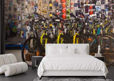 new modern bicycles selling in bike shop Wall mural