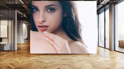 panoramic shot of beautiful brunette woman hugging naked man isolated on white Wall mural