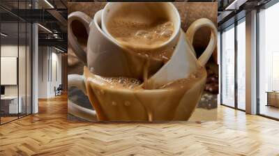 panoramic shot of flowing out hot coffee from cups on marble table near sackcloth and beans Wall mural