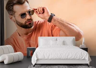 panoramic shot of stylish young man posing in shorts, summer t-shirt and sunglasses on beige Wall mural