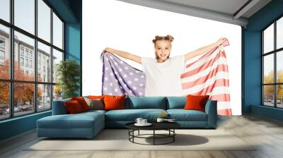 portrait of smiling adorable kid holding american flag and looking at camera isolated on white Wall mural