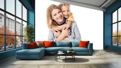 portrait of smiling daughter hugging mother isolated on white Wall mural