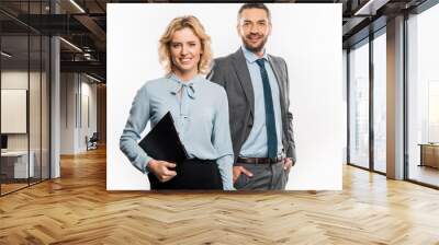 professional business colleagues in formal wear standing together and smiling at camera isolated on white Wall mural