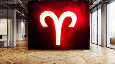 Red illuminated Aries zodiac sign with smoke on background Wall mural