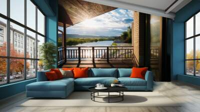 scenic view of beautiful sunset over river from wooden terrace Wall mural