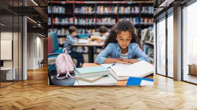 schoolgirl reading book in library Wall mural