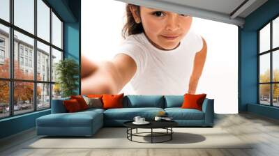 selective focus of cute latin kid smiling isolated on white Wall mural