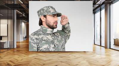 side view of confident bearded soldier in military uniform saluting on grey background Wall mural