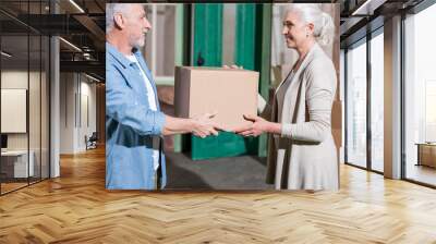 Side view of happy senior couple holding cardboard box and smiling each other Wall mural