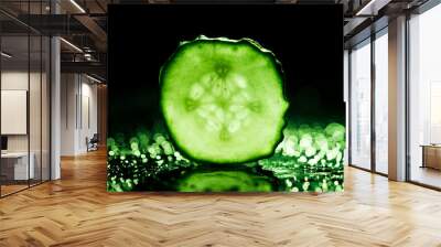 slice of cucumber with green back light on black background Wall mural