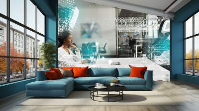 smiling african american businesswoman and robot sitting at desk in conference hall, cyber illustration Wall mural