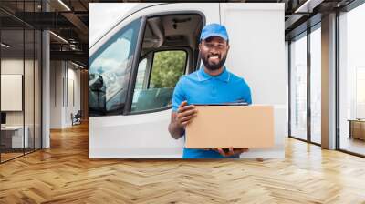 smiling african american delivery man holding cardboard box and looking at camera Wall mural