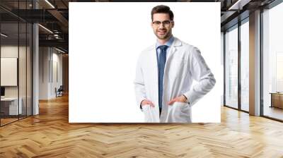 Smiling doctor wearing white coat isolated on white Wall mural