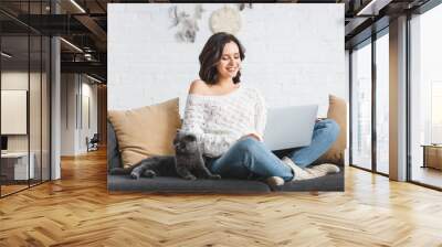 smiling girl using laptop with scottish fold cat on sofa Wall mural