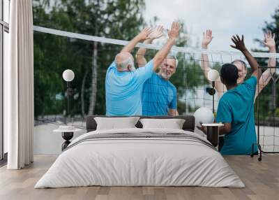 smiling multiethnic old volleyball players giving high five to each other after game Wall mural